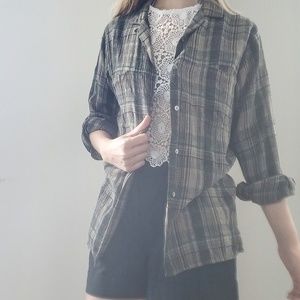 Territory Ahead Linen Plaid Button Up Neutral Top